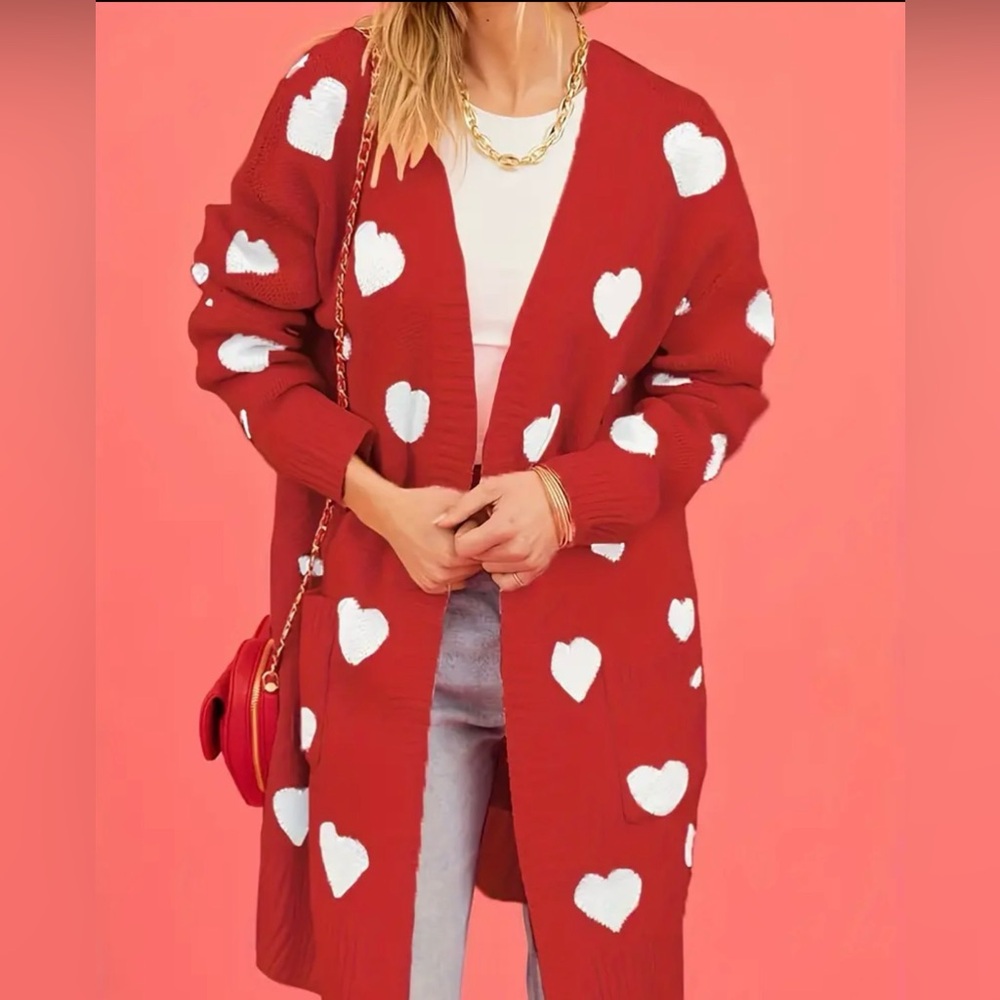 Cable Knit Red & White Heart Cardigan - Picture 3 of 3